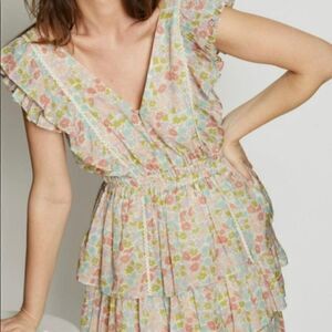 Love The Label Ines Ivory Tiered Ruffle Skirt Mini Dress Floral Ivory Medium NWT